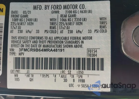 2021 Ford Bronco Sport Big Bend из США, поврежденный, VIN 3FMCR9B64MRA48191